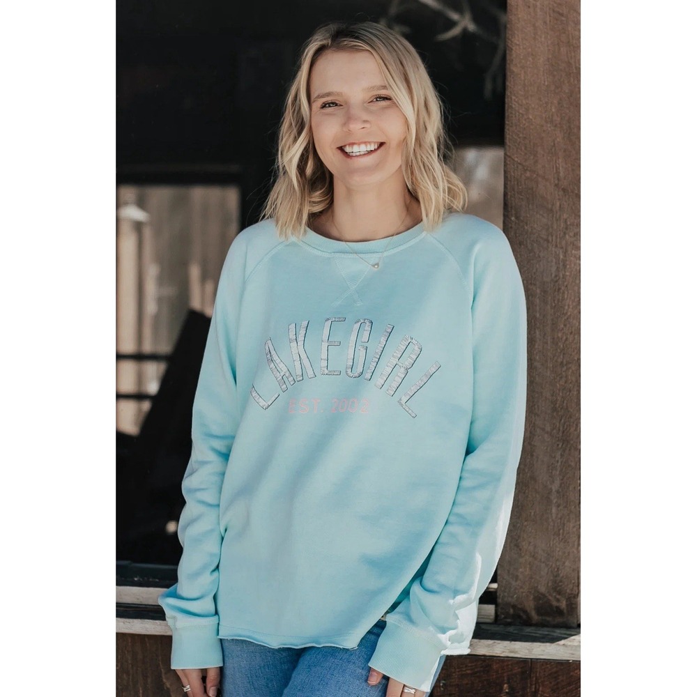 Lake Girl Raw Edge Fleece Crew Neck Sweatshirt Aqua Blue Distressed Graphic 2X